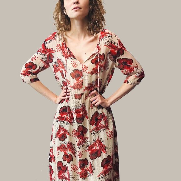 MAX&Co. Re-Edit Sheer Floral Midi Dress – Small – Beige Red Print – $395 - Picture 8 of 9